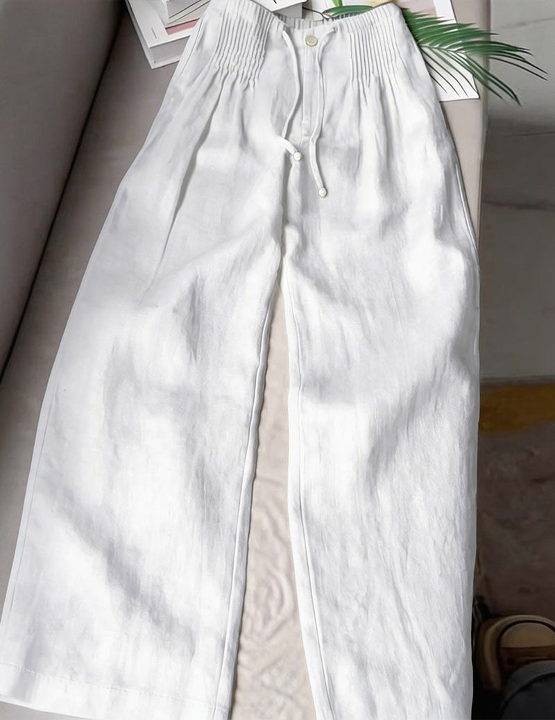Linen Wide Leg Pants Women – Smocked High Waist Trousers