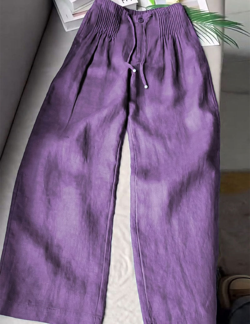Linen Wide Leg Pants Women – Smocked High Waist Trousers