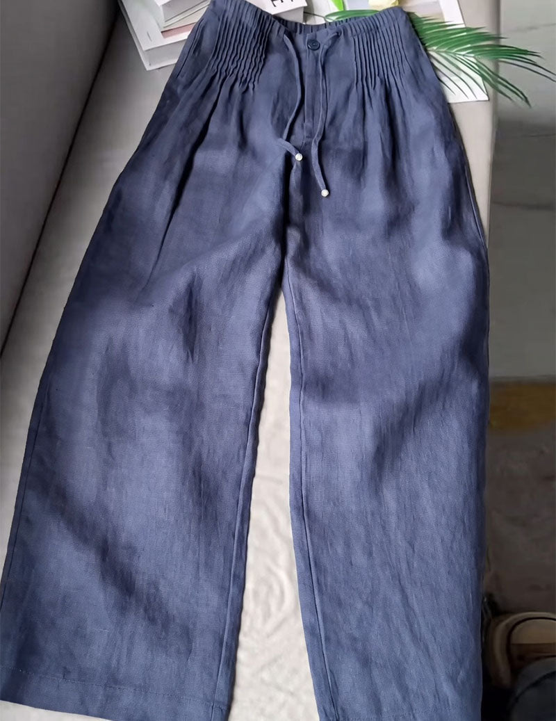 Linen Wide Leg Pants Women – Smocked High Waist Trousers