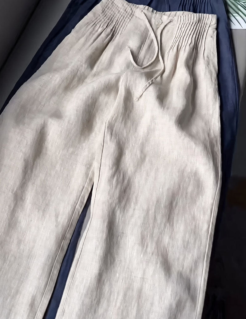 Linen Wide Leg Pants Women – Smocked High Waist Trousers