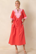 Women's Living Out Loud Poppy Red & Pink Cotton V-Neck Midi Dress | 100% Cotton 0