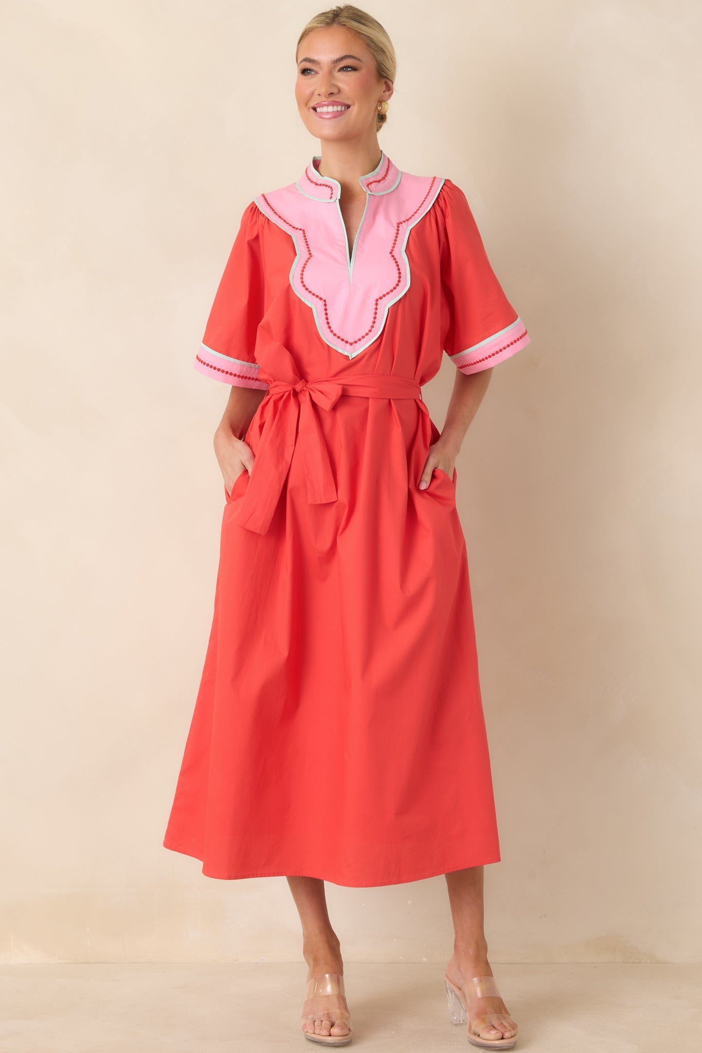 Women's Living Out Loud Poppy Red & Pink Cotton V-Neck Midi Dress | 100% Cotton 0