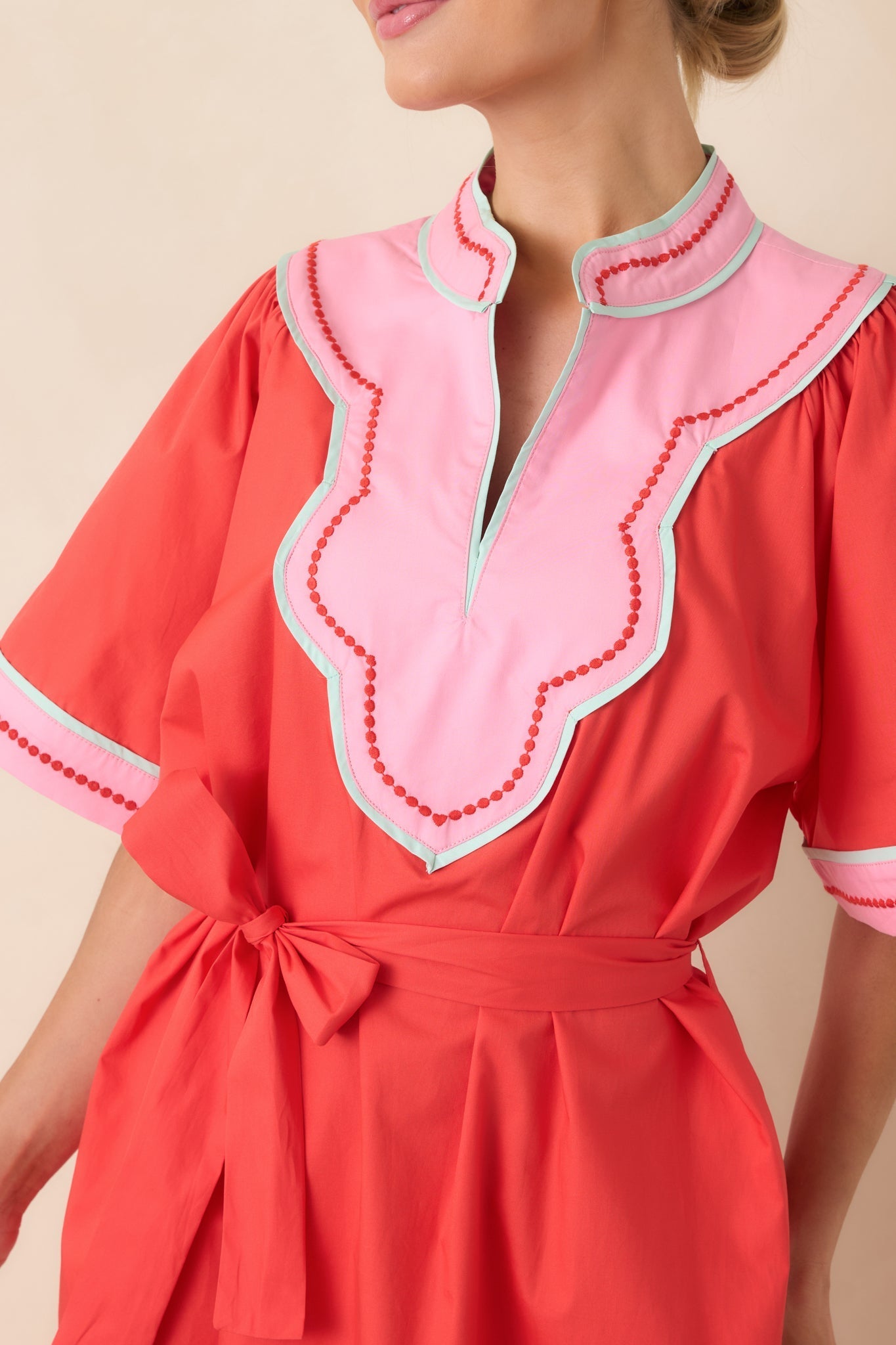 Women's Living Out Loud Poppy Red & Pink Cotton V-Neck Midi Dress | 100% Cotton 1