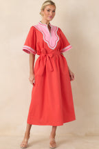 Women's Living Out Loud Poppy Red & Pink Cotton V-Neck Midi Dress | 100% Cotton 2