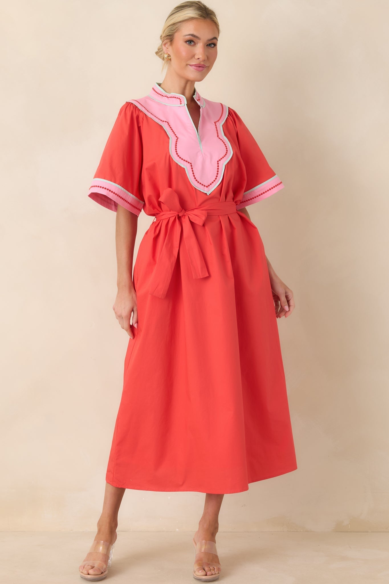 Women's Living Out Loud Poppy Red & Pink Cotton V-Neck Midi Dress | 100% Cotton 2