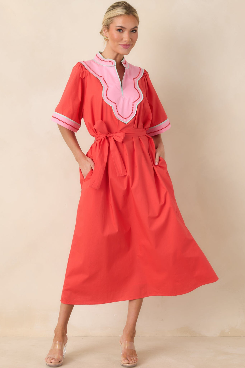 Women's Living Out Loud Poppy Red & Pink Cotton V-Neck Midi Dress | 100% Cotton 3