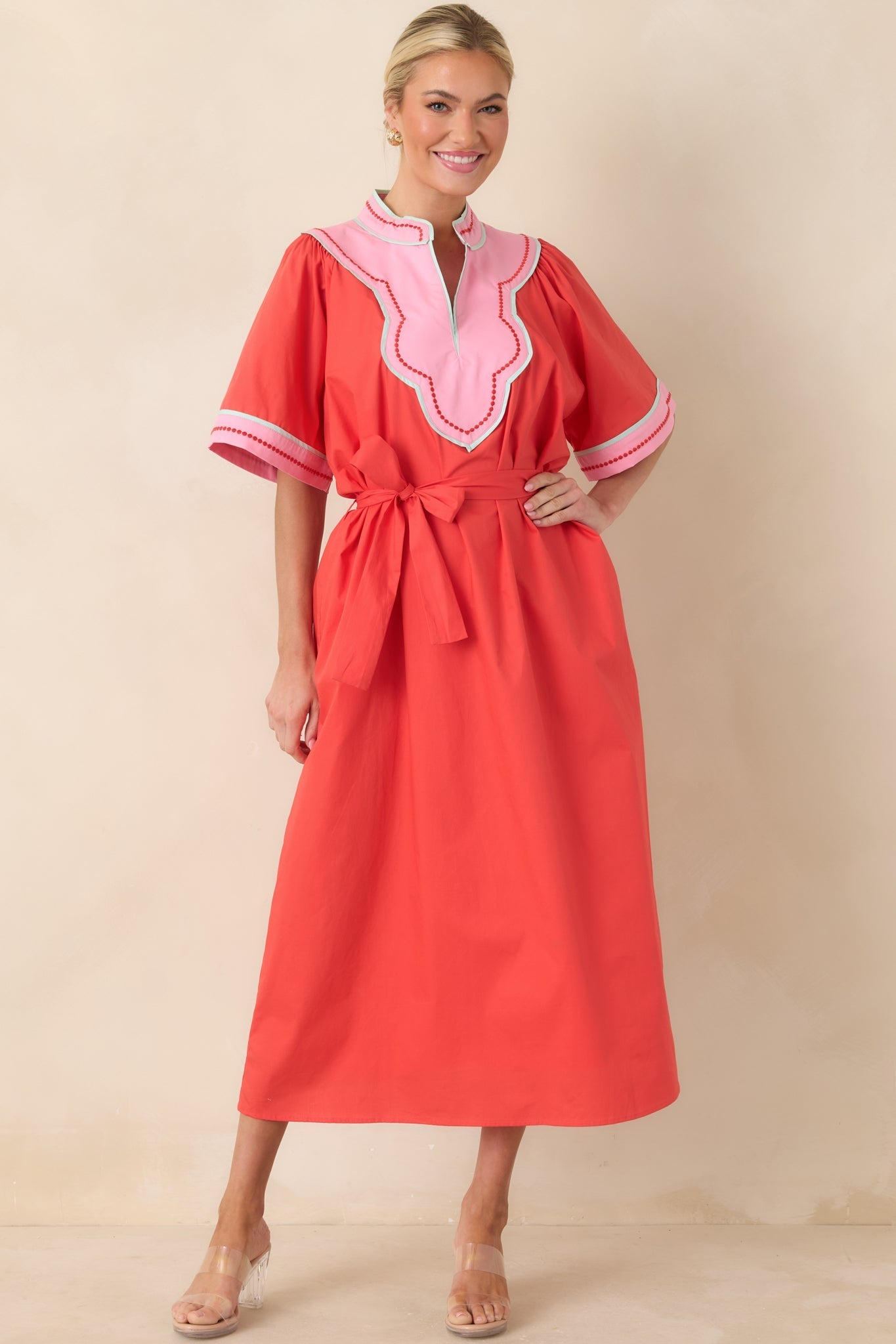 Women's Living Out Loud Poppy Red & Pink Cotton V-Neck Midi Dress | 100% Cotton 4