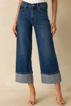 Women's Long Story Short Deep Vintage Indigo Wide-Leg Cuffed Jeans | 93% Cotton 0