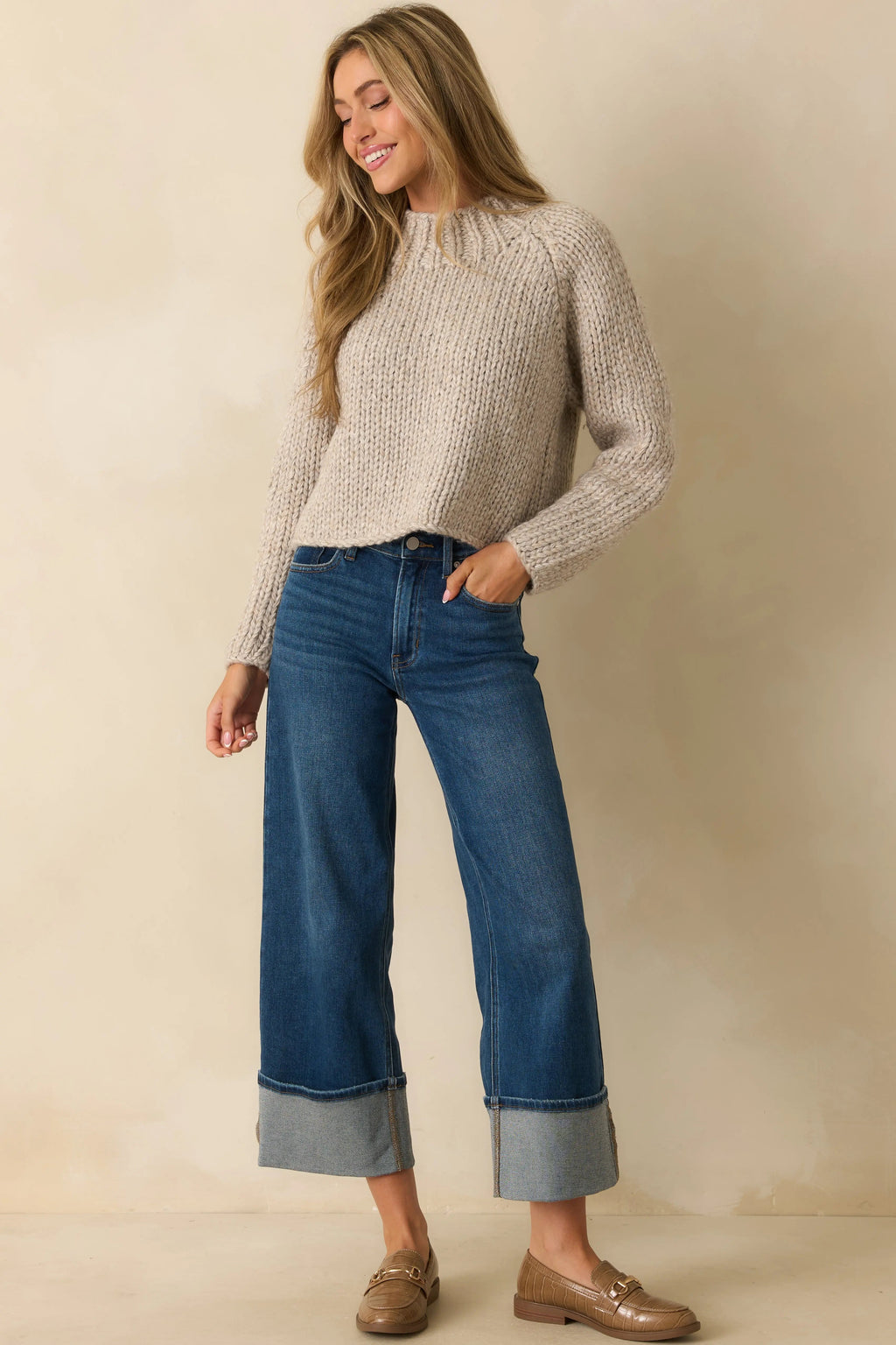 Women's Long Story Short Deep Vintage Indigo Wide-Leg Cuffed Jeans | 93% Cotton 3