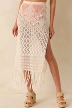Women's Lost In The Sunlight Natural Ivory Open Knit Fringe Cover Up Midi Skirt | 100% Polyester 1