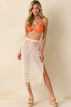 Women's Lost In The Sunlight Natural Ivory Open Knit Fringe Cover Up Midi Skirt | 100% Polyester 2