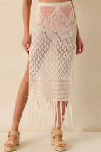 Women's Lost In The Sunlight Natural Ivory Open Knit Fringe Cover Up Midi Skirt | 100% Polyester 4