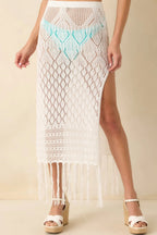 Women's Lost In The Sunlight White Open Knit Fringe Cover Up Midi Skirt | 100% Polyester 1