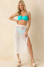 Women's Lost In The Sunlight White Open Knit Fringe Cover Up Midi Skirt | 100% Polyester 3