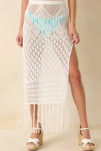 Women's Lost In The Sunlight White Open Knit Fringe Cover Up Midi Skirt | 100% Polyester 4