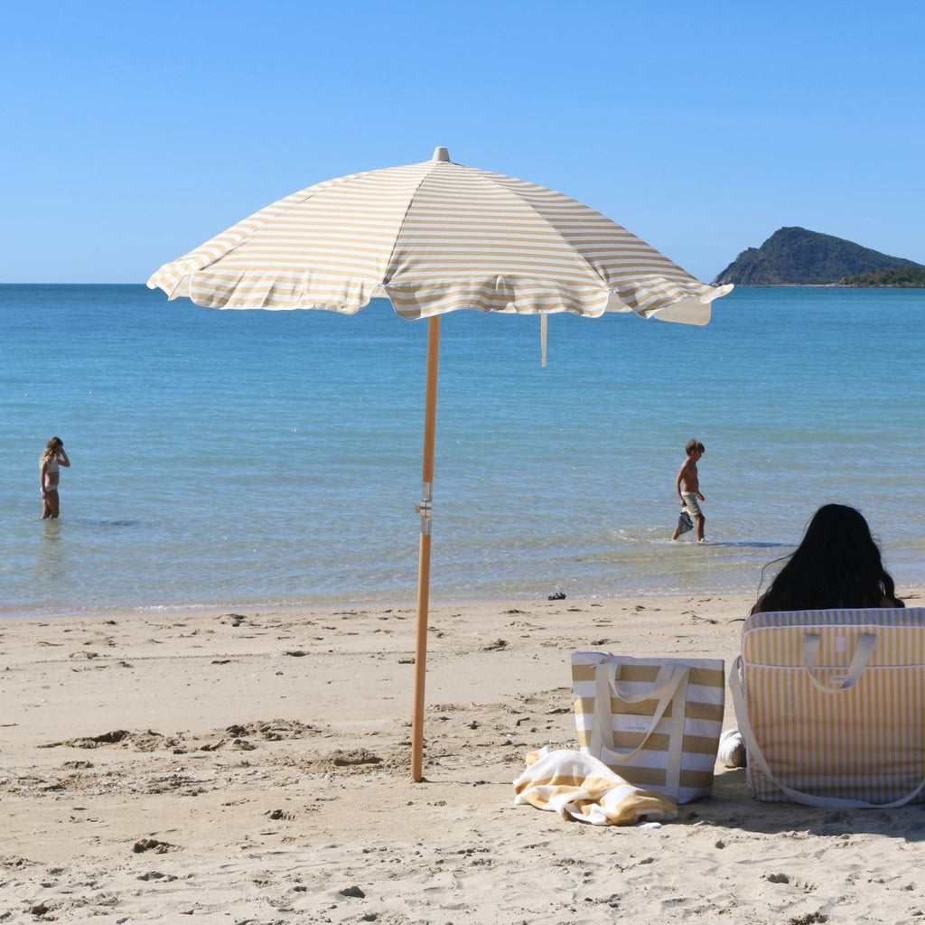 Luxe Beach Parasol | Stylish Butternut Stripe with UPF50 Protection | All-Day Beach Shade for Ultimate Sun Safety