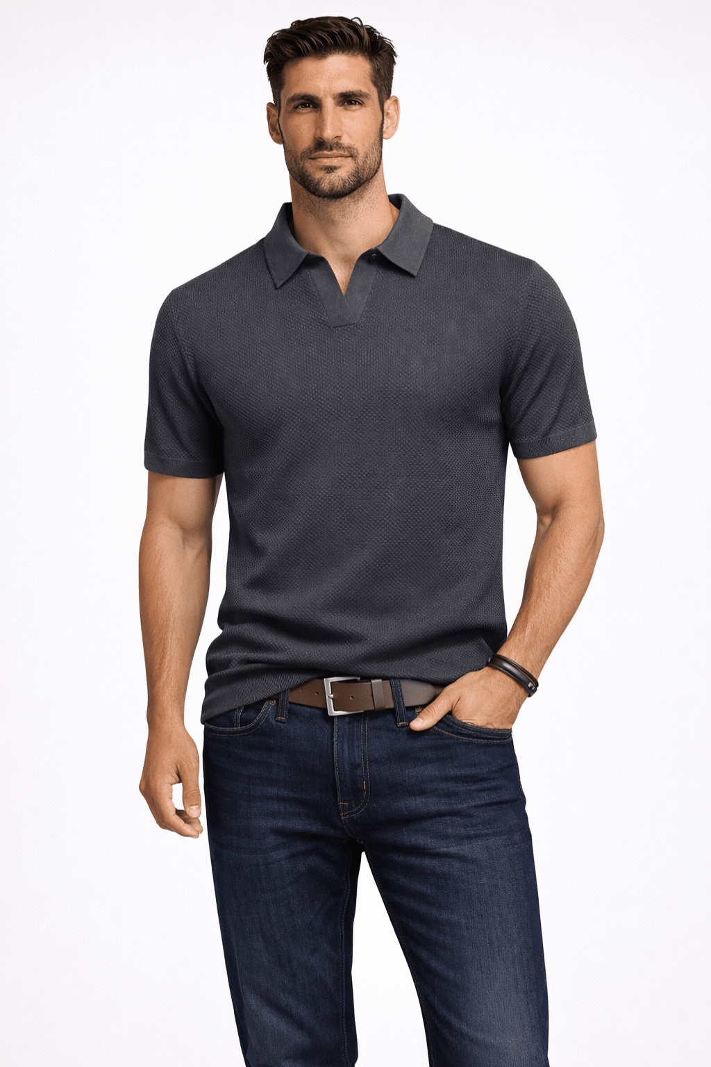 Men's Textured Knit Polo Shirt – Short Sleeve Casual
