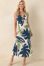 Women's MINKPINK Azure Green & Blue Palm Leaves Key Hole Midi Dress | 100% Viscose 0