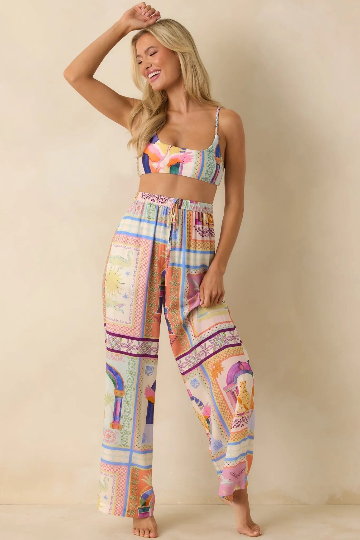 Women's MINKPINK Elysia White Multi Tropical Tile Print Drawstring Pants | 100% Viscose 0