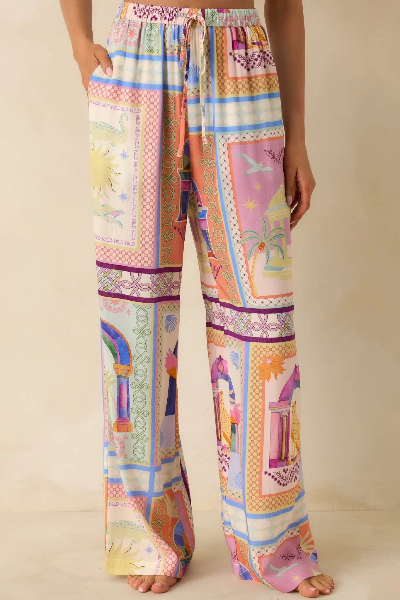 Women's MINKPINK Elysia White Multi Tropical Tile Print Drawstring Pants | 100% Viscose 1