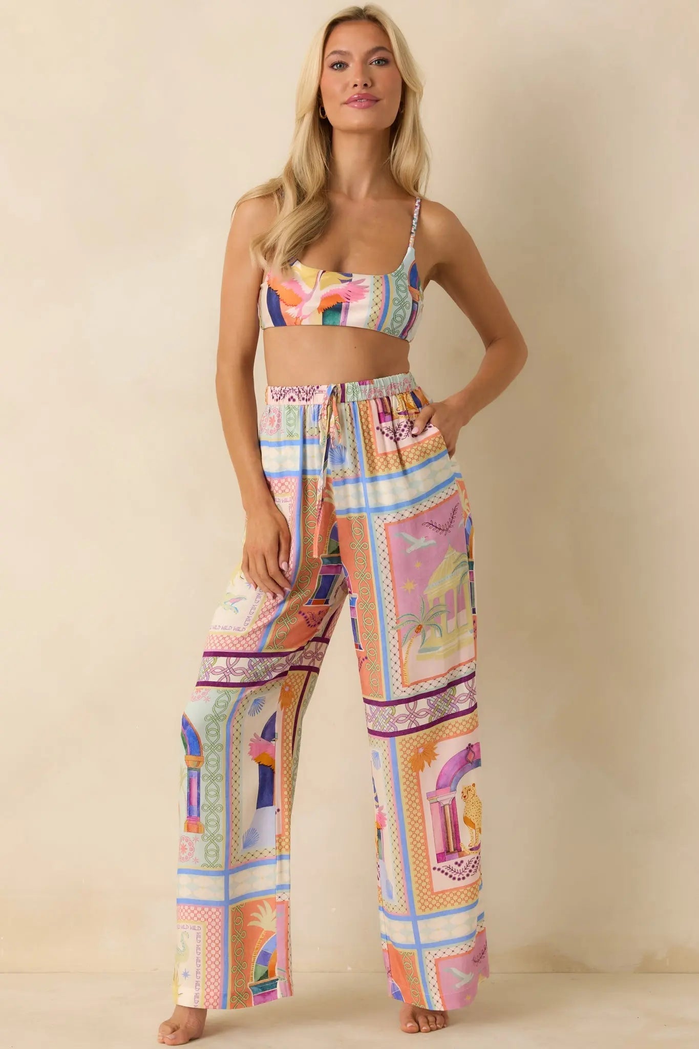 Women's MINKPINK Elysia White Multi Tropical Tile Print Drawstring Pants | 100% Viscose 2