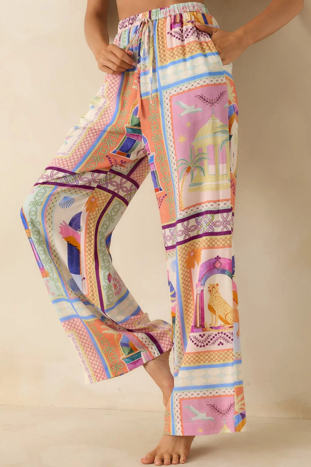 Women's MINKPINK Elysia White Multi Tropical Tile Print Drawstring Pants | 100% Viscose 3