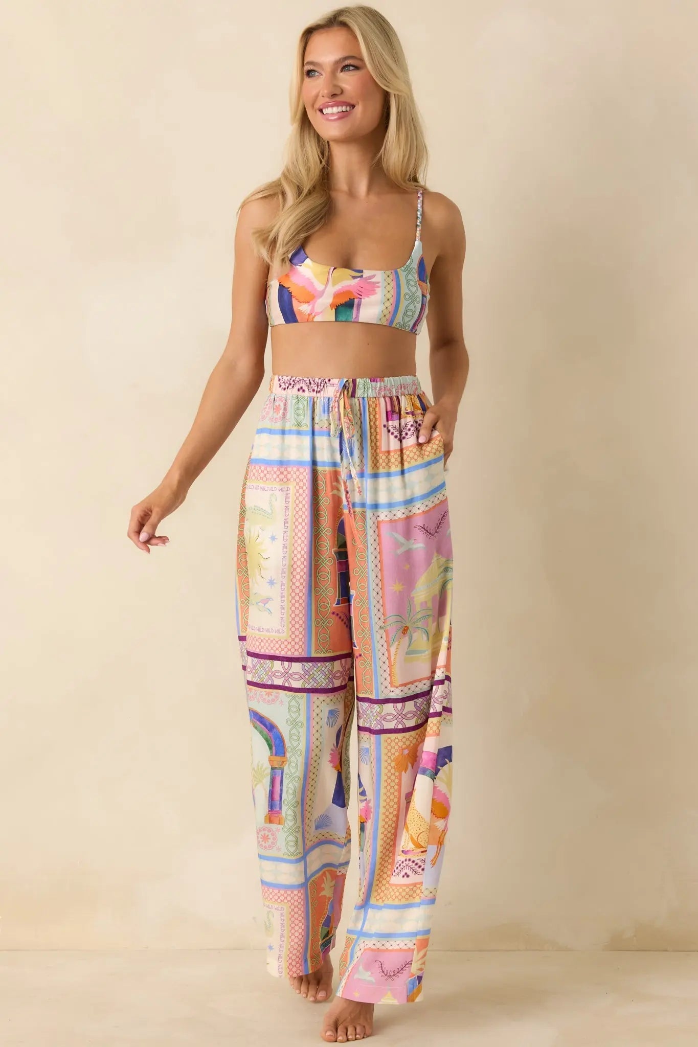 Women's MINKPINK Elysia White Multi Tropical Tile Print Drawstring Pants | 100% Viscose 4