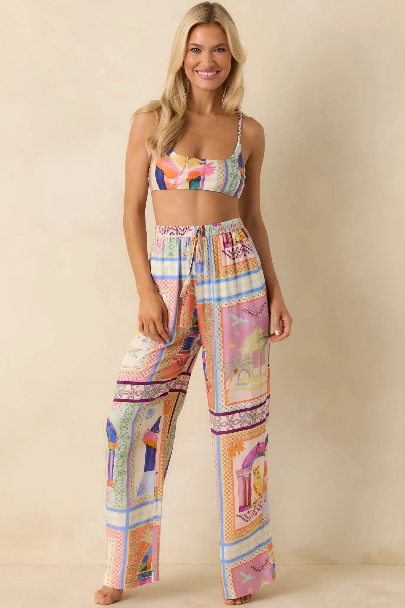Women's MINKPINK Elysia White Multi Tropical Tile Print Drawstring Pants | 100% Viscose 5