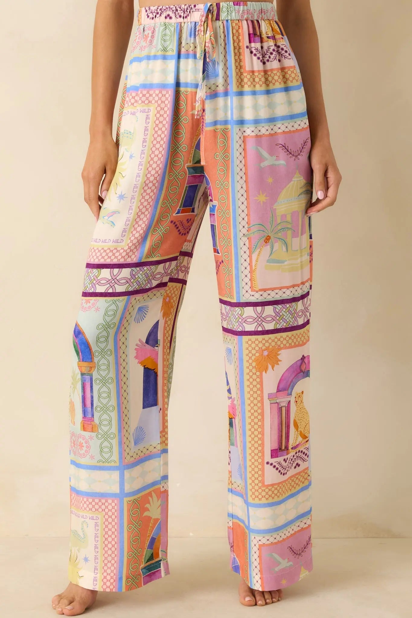 Women's MINKPINK Elysia White Multi Tropical Tile Print Drawstring Pants | 100% Viscose 6