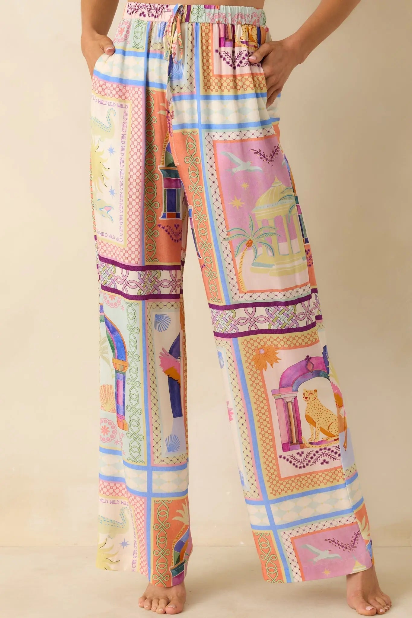 Women's MINKPINK Elysia White Multi Tropical Tile Print Drawstring Pants | 100% Viscose 7
