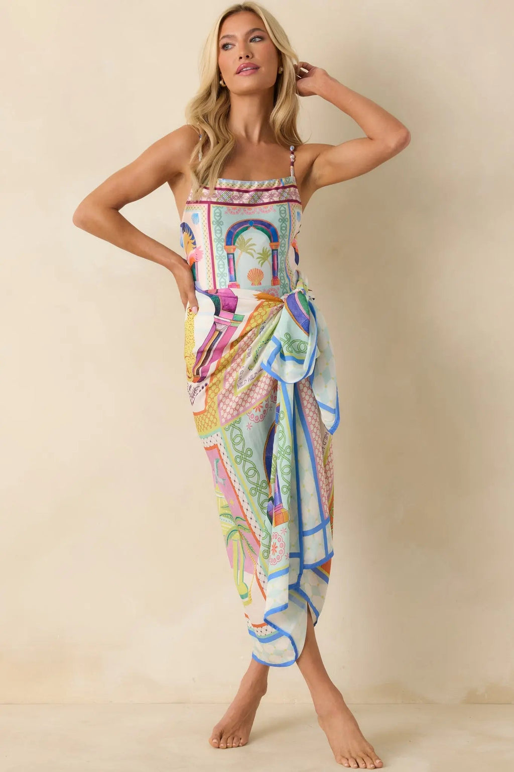 Women's MINKPINK Elysia White Multi Tropical Tile Print Sarong | Measures 58" L x 45" W 3