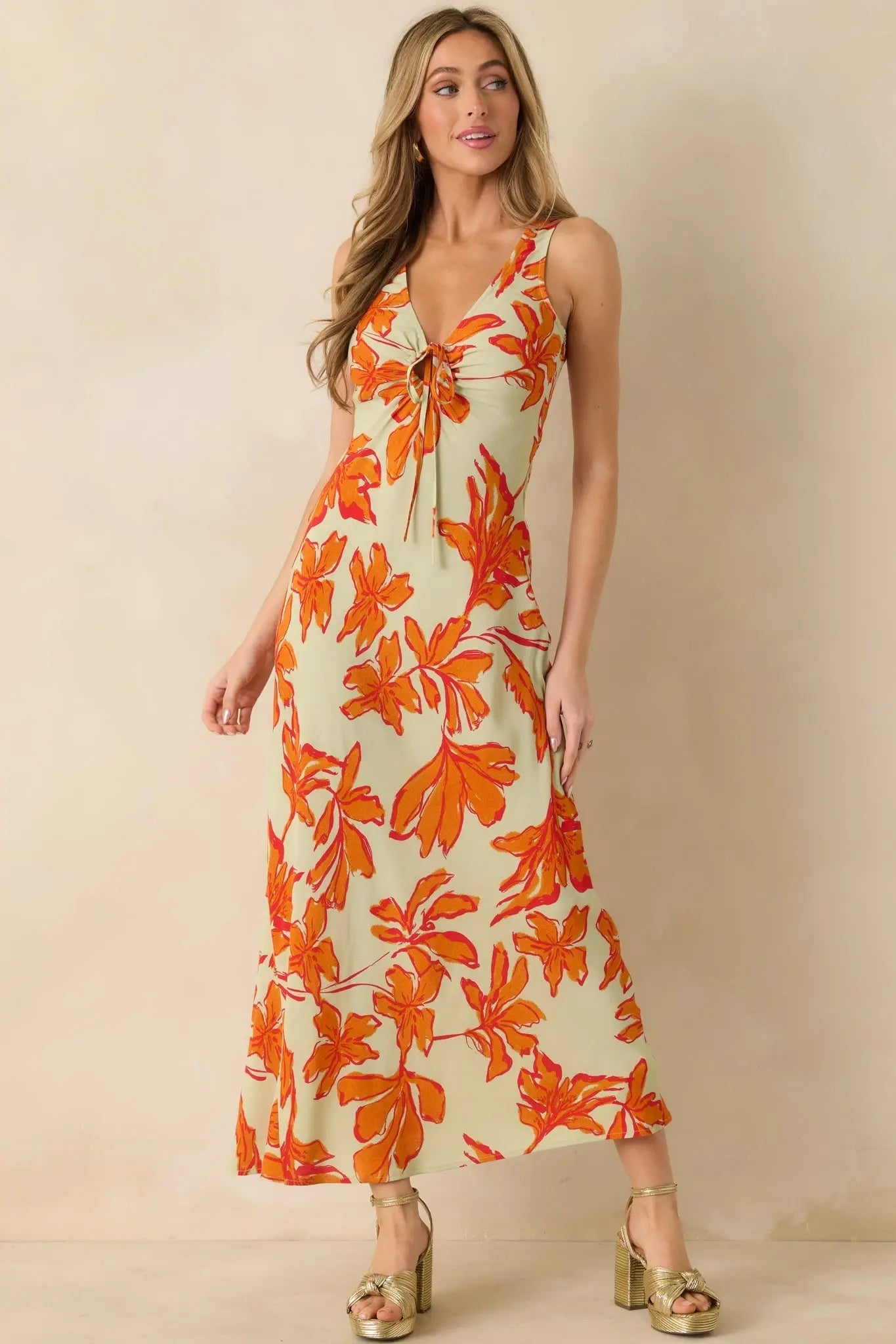 Women's MINKPINK Estelle Green & Orange Floral Print Keyhole Maxi Dress | 100% Viscose 4