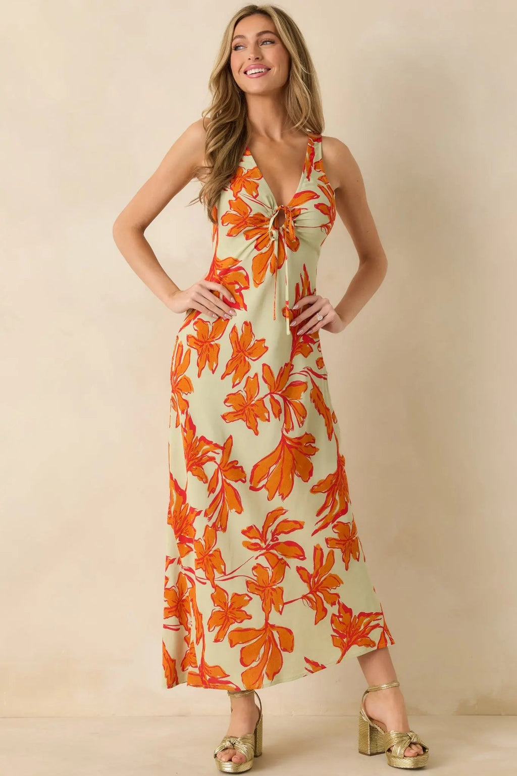 Women's MINKPINK Estelle Green & Orange Floral Print Keyhole Maxi Dress | 100% Viscose 6
