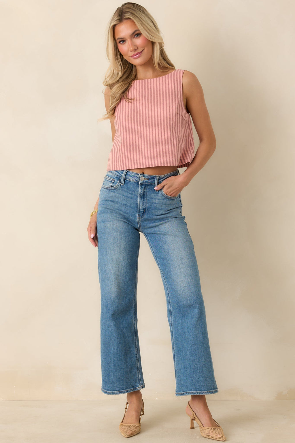 Women's MINKPINK Paloma Coral Pink Stripe Cotton Linen Low-Back Top | 80% Cotton & 20% Linen 6