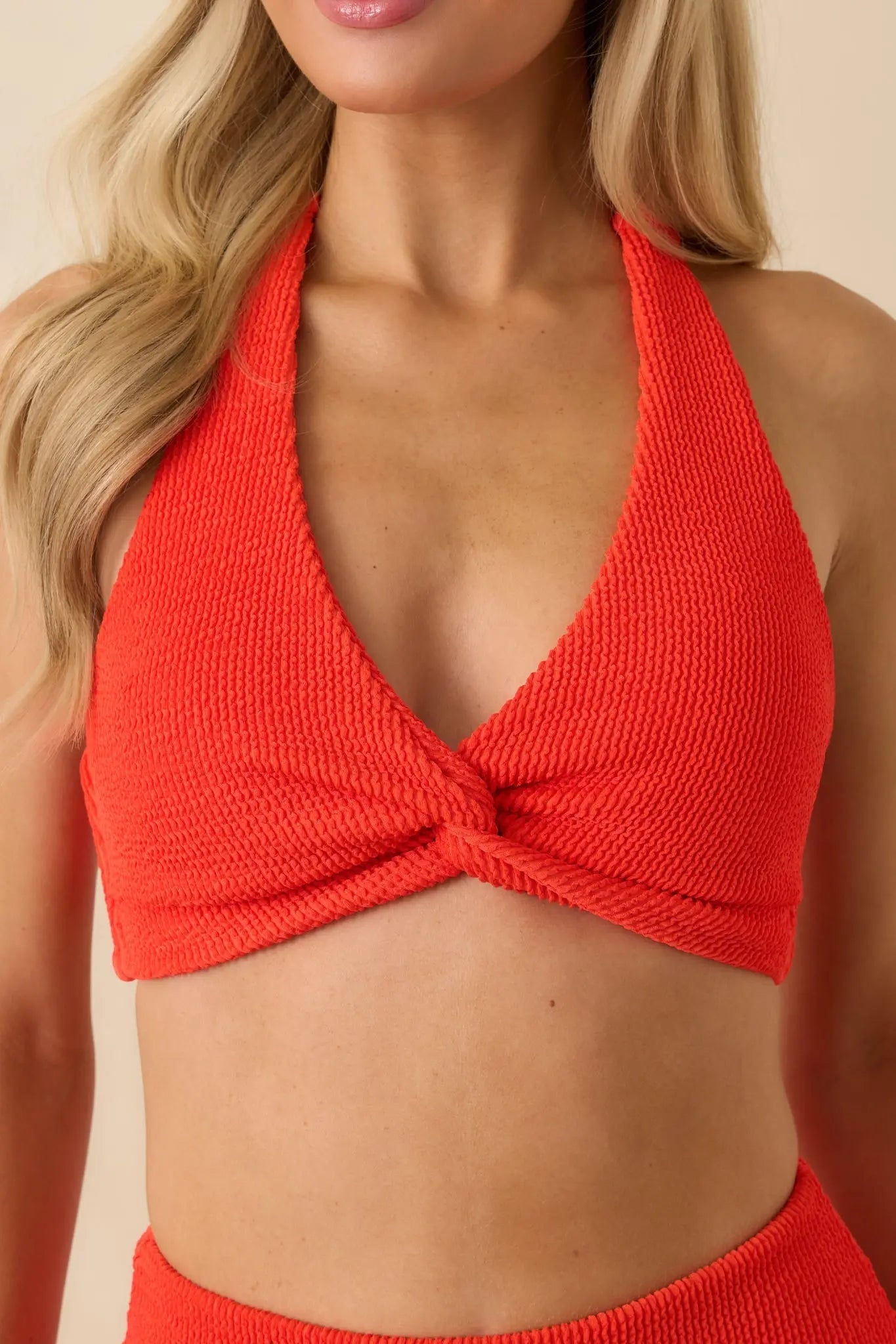 Women's MINKPINK Scarlett Flame Red Twist Front Halter Bikini Top | 92% Polyester & 8% Elastane 2