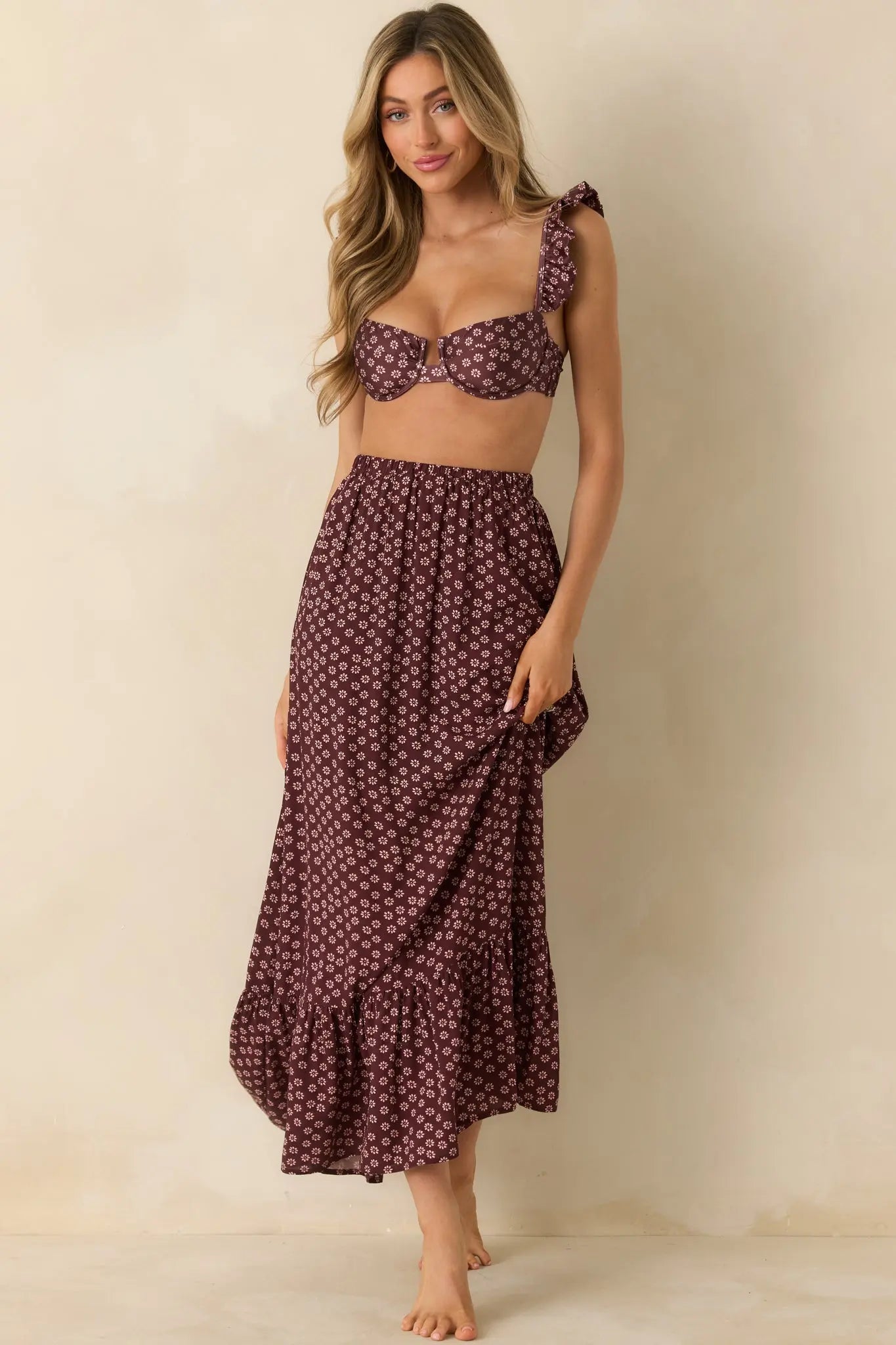 Women's MINKPINK Sierra Burgundy Floral Ruffle Strap Bikini Top | 85% Polyester & 15% Elastane 1