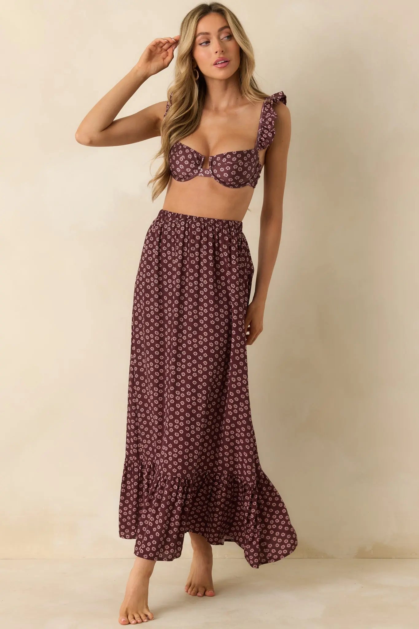 Women's MINKPINK Sierra Burgundy Floral Ruffle Strap Bikini Top | 85% Polyester & 15% Elastane 2