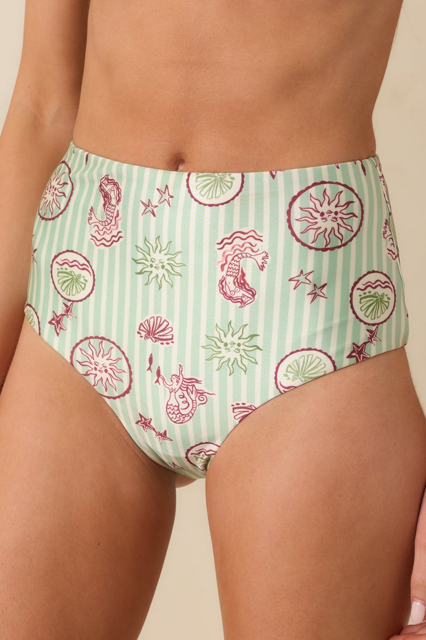Women's MINKPINK Soleil Green Stripe High Waist Bikini Bottoms | 85% Polyester & 15% Elastane 0