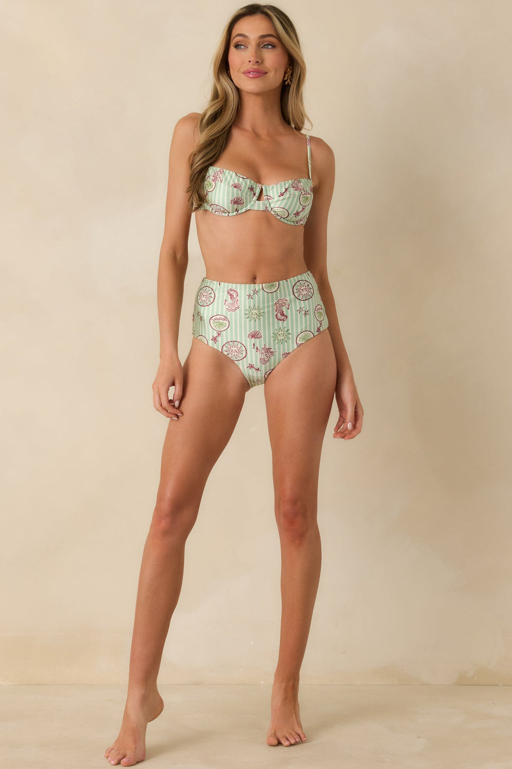 Women's MINKPINK Soleil Green Stripe High Waist Bikini Bottoms | 85% Polyester & 15% Elastane 3