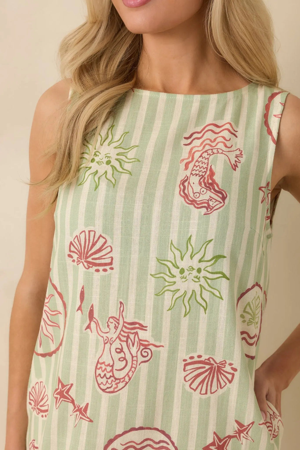 Women's MINKPINK Soleil Green Stripe Linen Blend Shift Mini Dress | 85% Viscose & 15% Linen 1