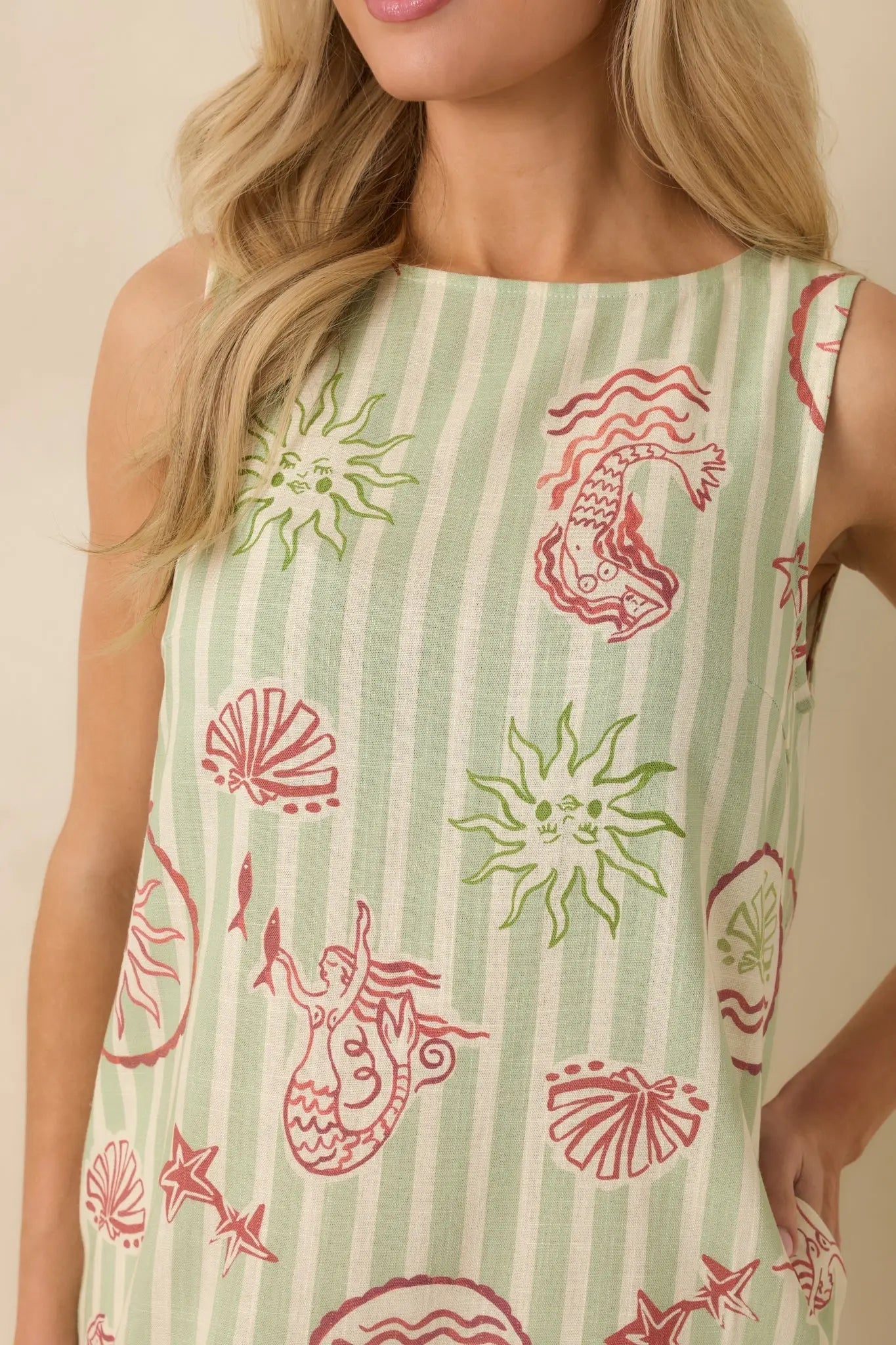 Women's MINKPINK Soleil Green Stripe Linen Blend Shift Mini Dress | 85% Viscose & 15% Linen 1