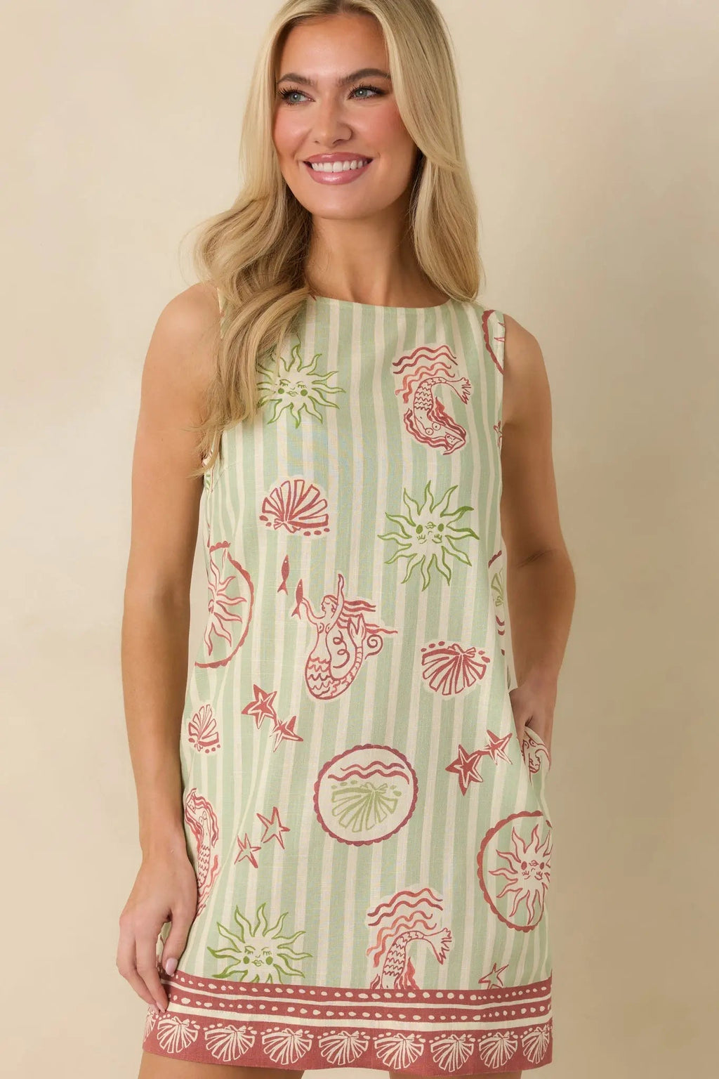 Women's MINKPINK Soleil Green Stripe Linen Blend Shift Mini Dress | 85% Viscose & 15% Linen 6