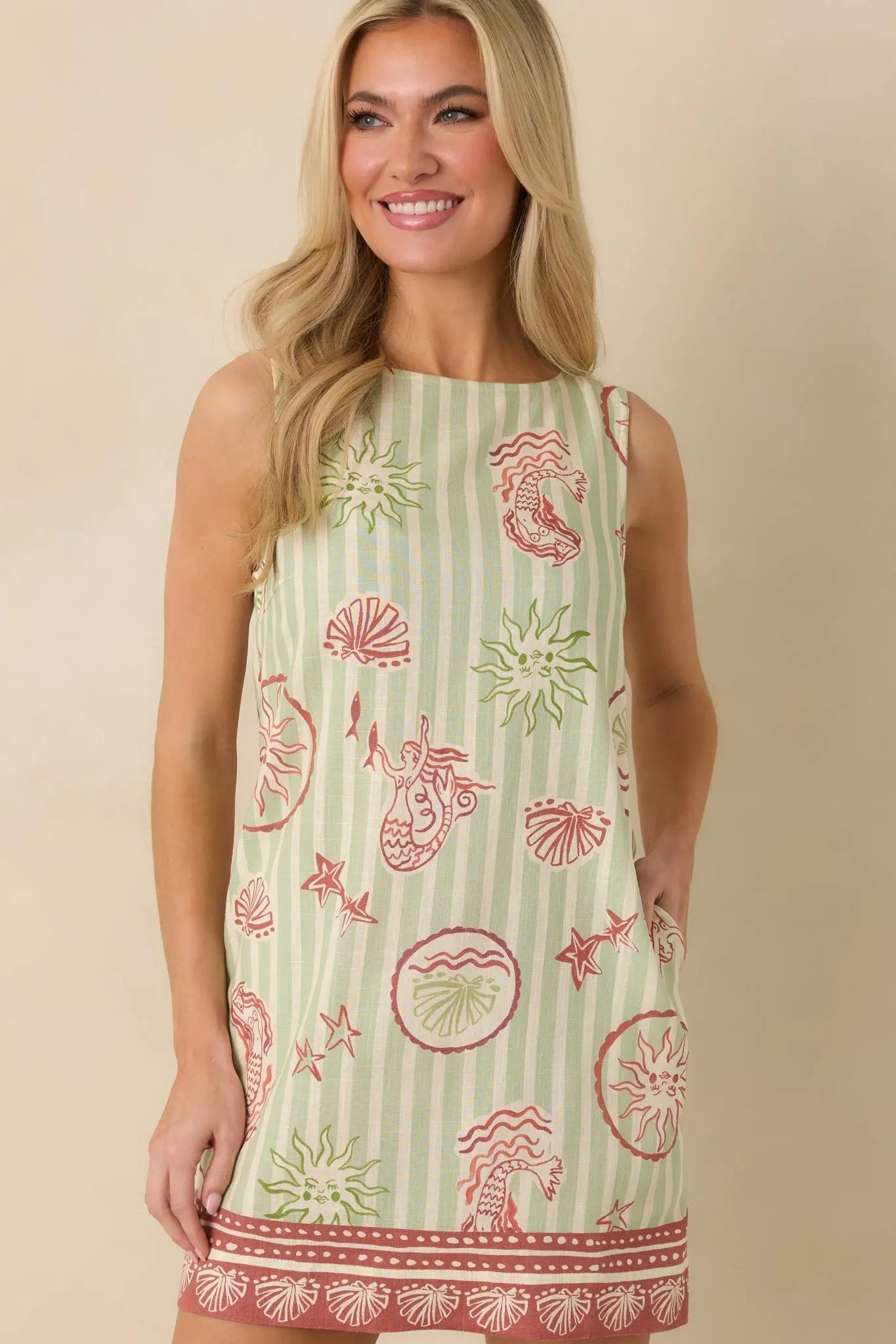 Women's MINKPINK Soleil Green Stripe Linen Blend Shift Mini Dress | 85% Viscose & 15% Linen 6
