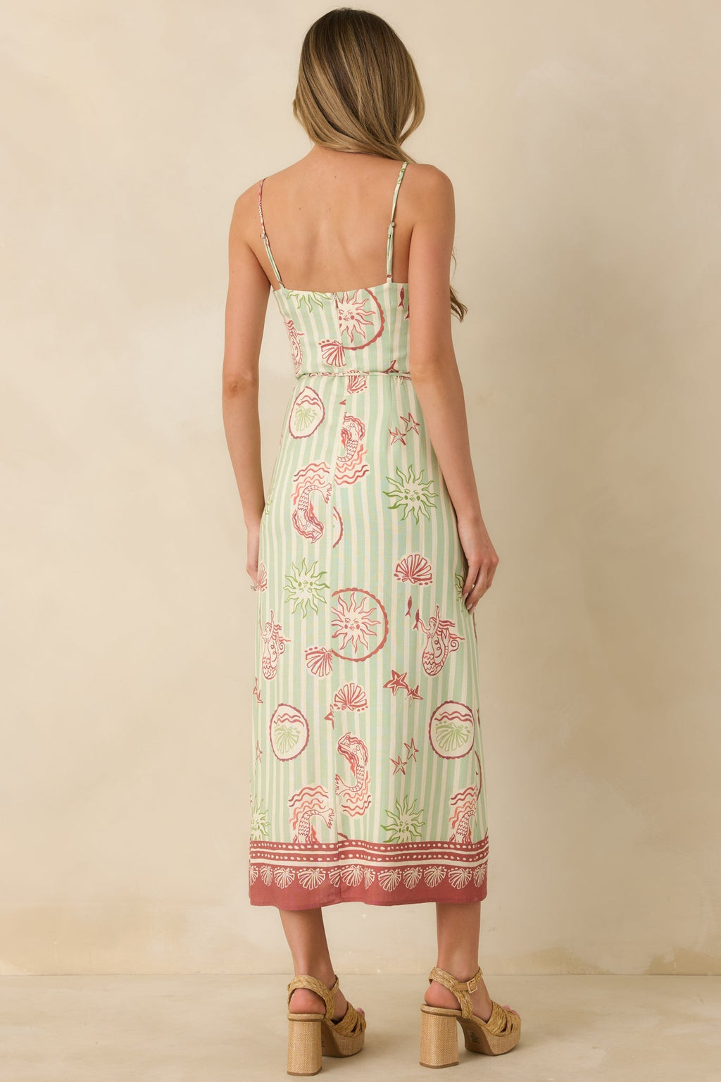 Women's MINKPINK Soleil Green Stripe Linen Blend Tie-Waist Midi Dress | 85% Viscose & 15% Linen 6