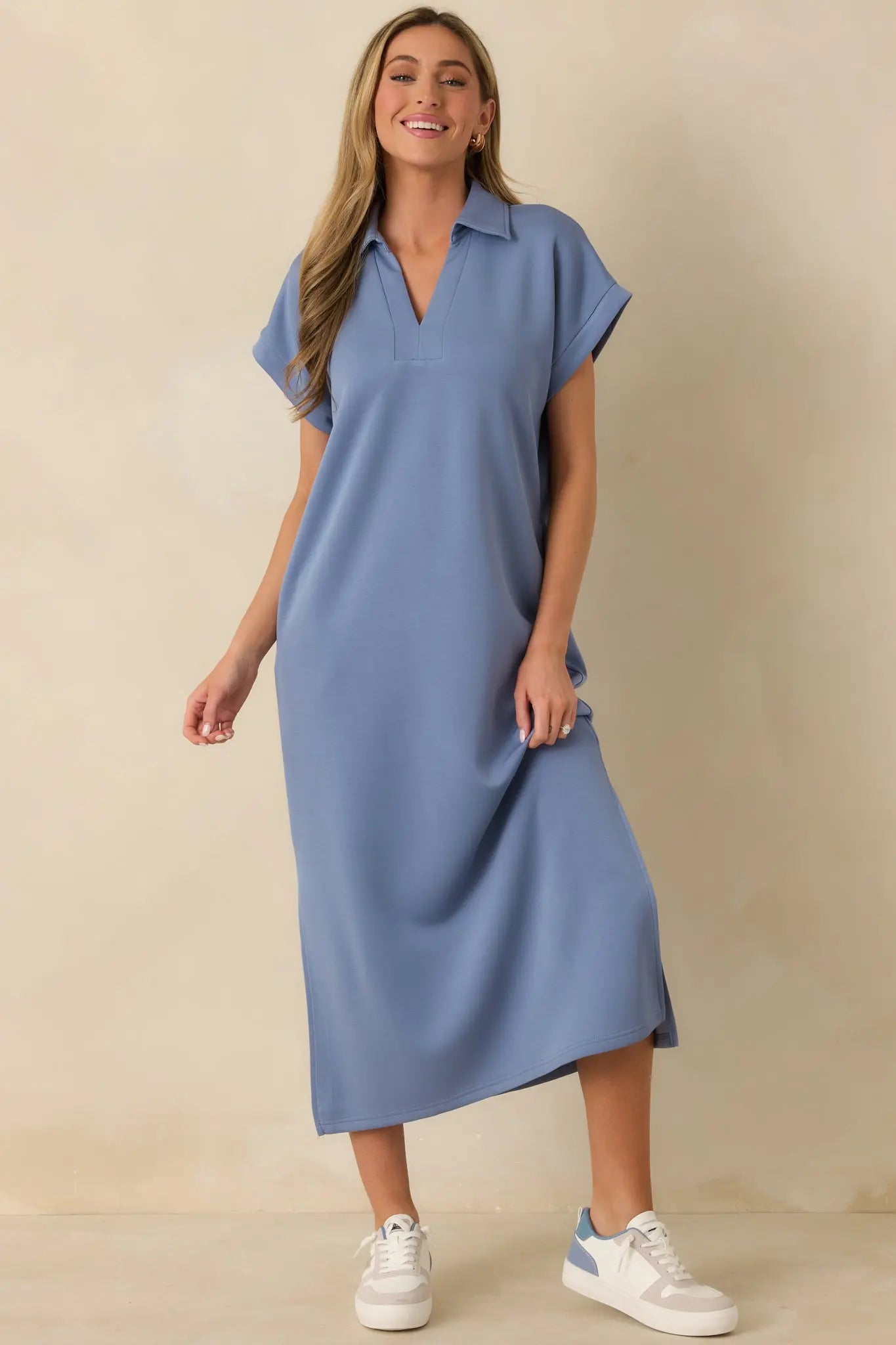 Women's Made The Right Call Chambray Blue Collared Midi T-Shirt Dress | 50% Rayon 0