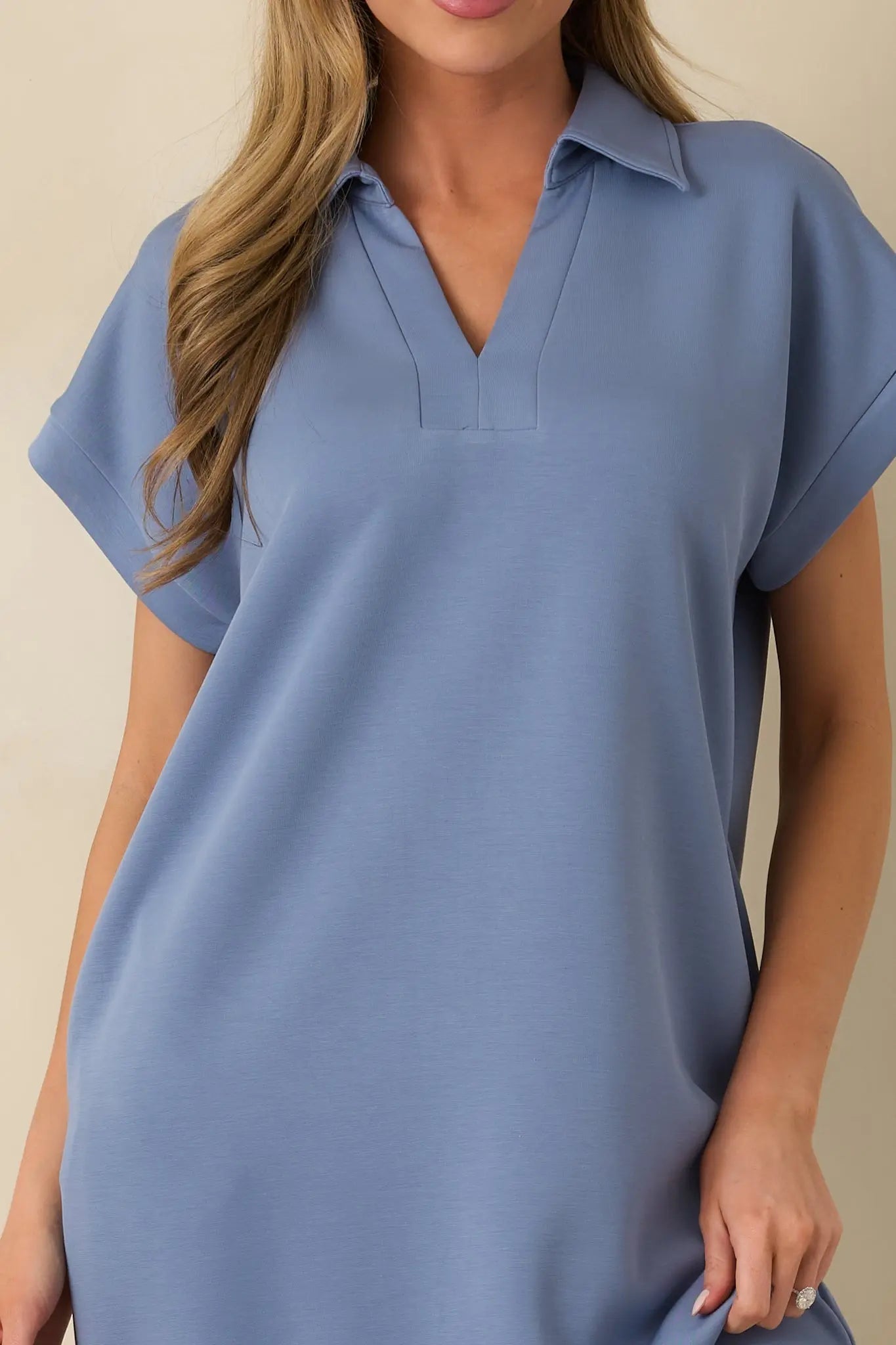 Women's Made The Right Call Chambray Blue Collared Midi T-Shirt Dress | 50% Rayon 1