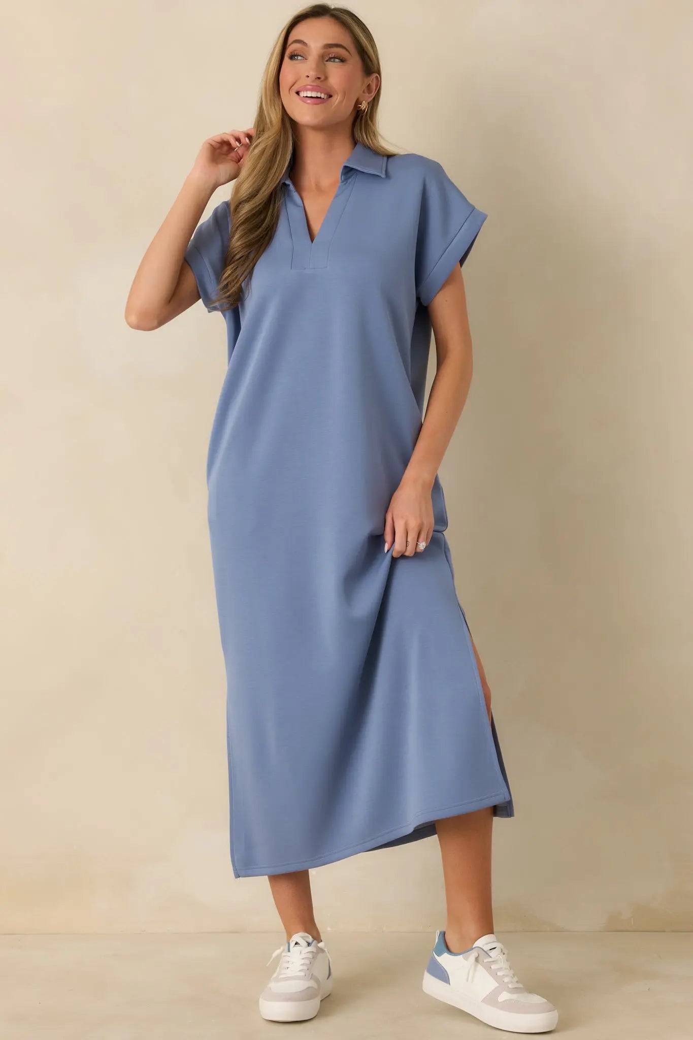 Women's Made The Right Call Chambray Blue Collared Midi T-Shirt Dress | 50% Rayon 2