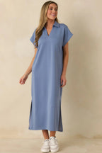 Women's Made The Right Call Chambray Blue Collared Midi T-Shirt Dress | 50% Rayon 5
