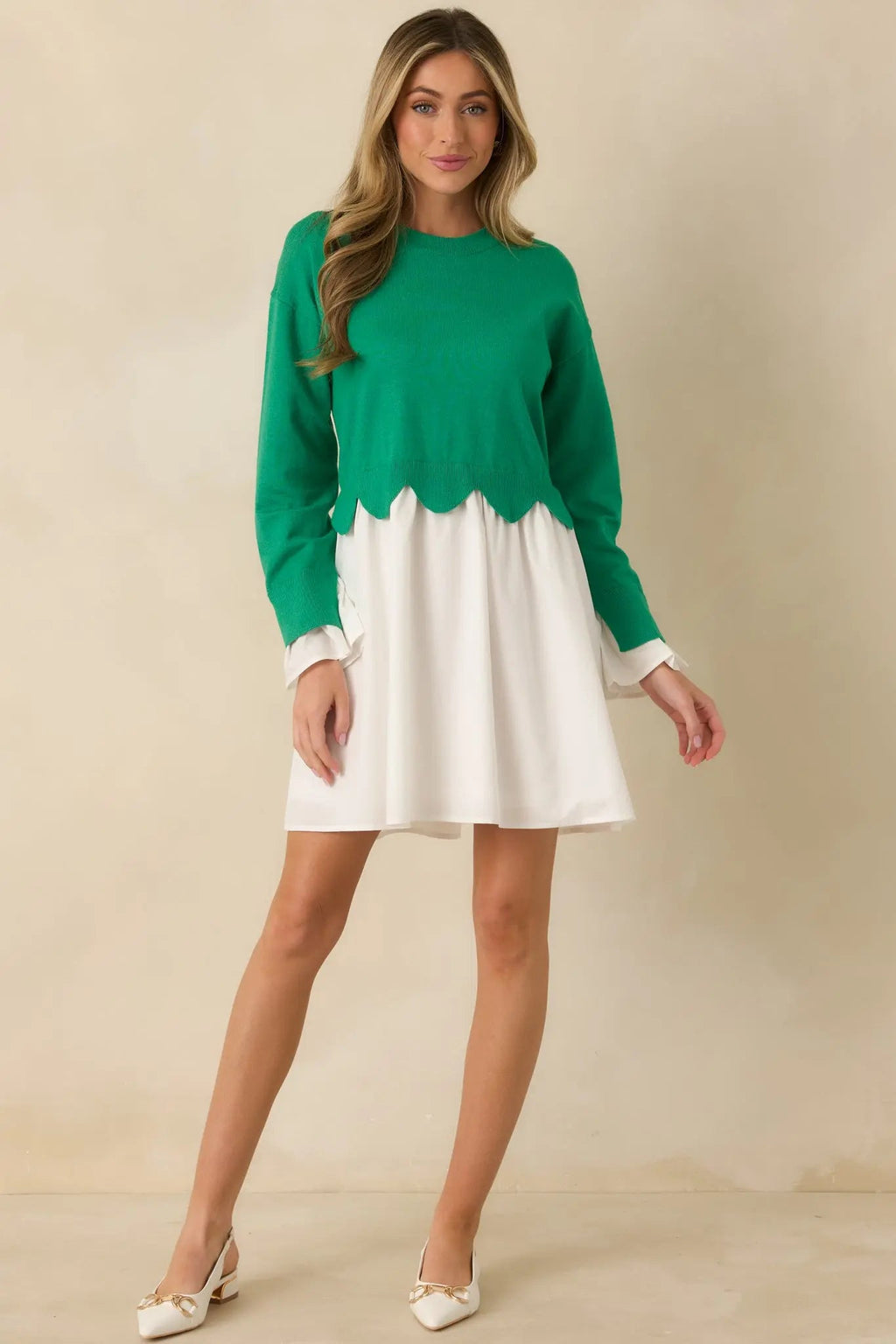 Women's Made to Charm Green Scalloped Sweater Mini Dress | 50% Viscose 3