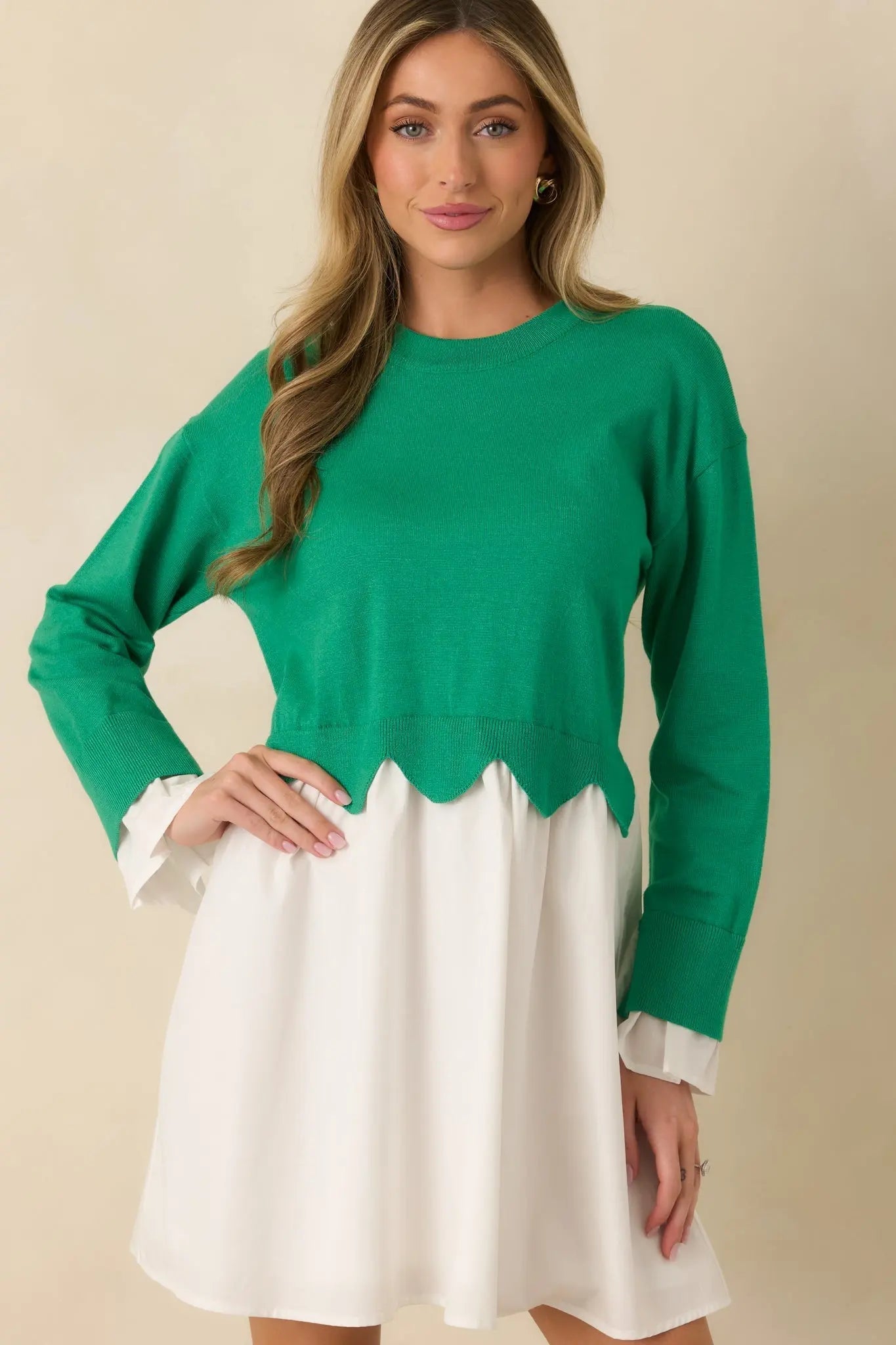 Women's Made to Charm Green Scalloped Sweater Mini Dress | 50% Viscose 6